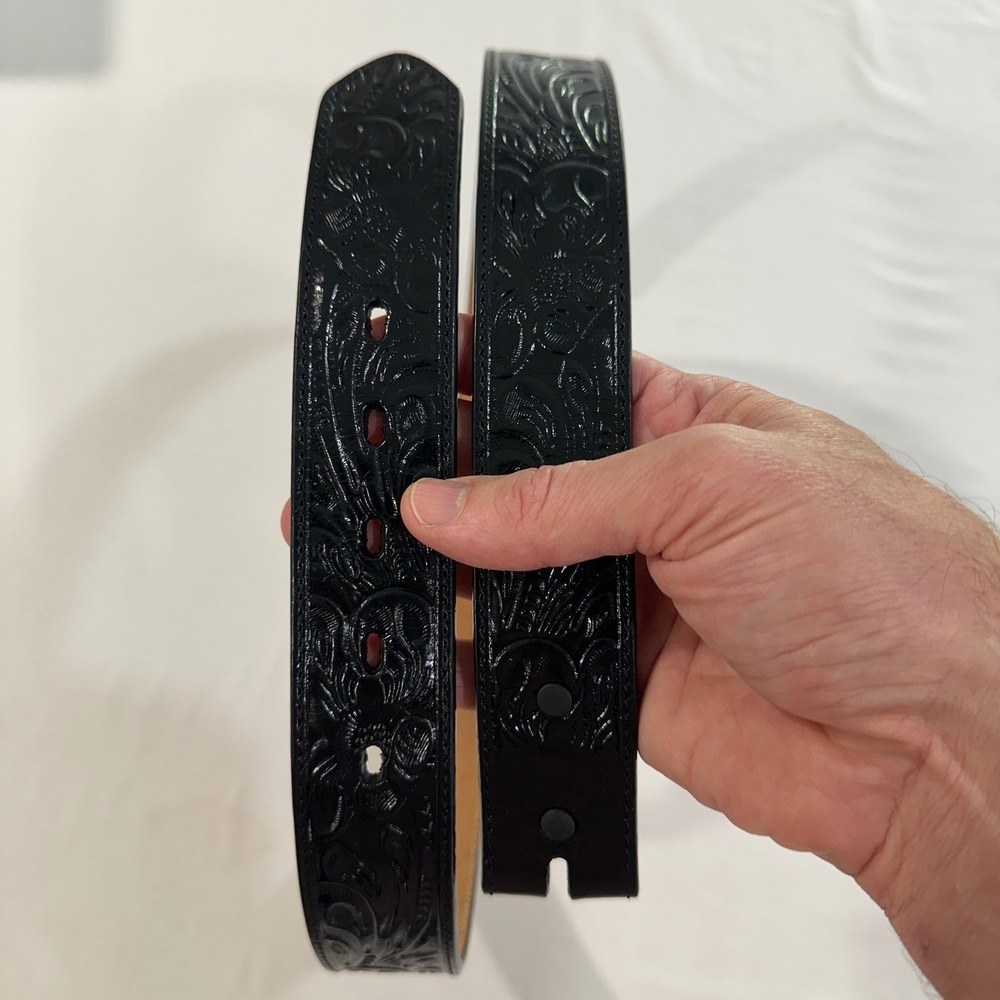 3D Belt Company Black Leather Belt Mens 36 Floral Embossed Western No Buckle